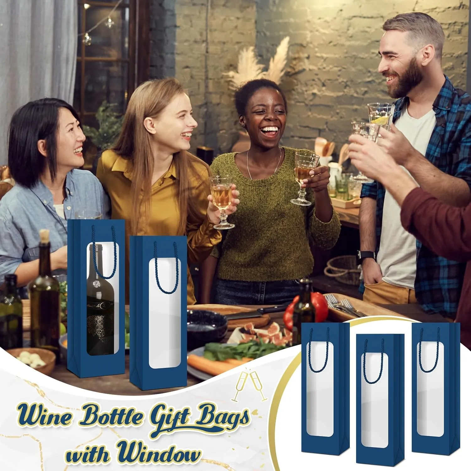 Tioncy 24 Pcs Single Wine Bottle Gift Bag, Clear Window Wine Bags for Wedding Reusable Flower Boxes Bulk with Handles for Holiday Birthday(Business Blue)