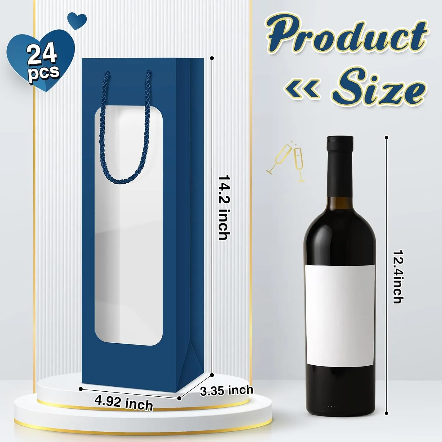 Tioncy 24 Pcs Single Wine Bottle Gift Bag, Clear Window Wine Bags for Wedding Reusable Flower Boxes Bulk with Handles for Holiday Birthday(Business Blue)