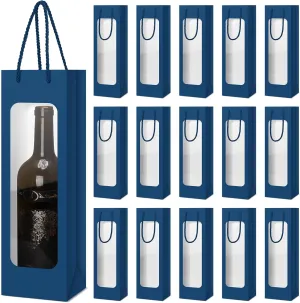 Tioncy 24 Pcs Single Wine Bottle Gift Bag, Clear Window Wine Bags for Wedding Reusable Flower Boxes Bulk with Handles for Holiday Birthday(Business Blue)