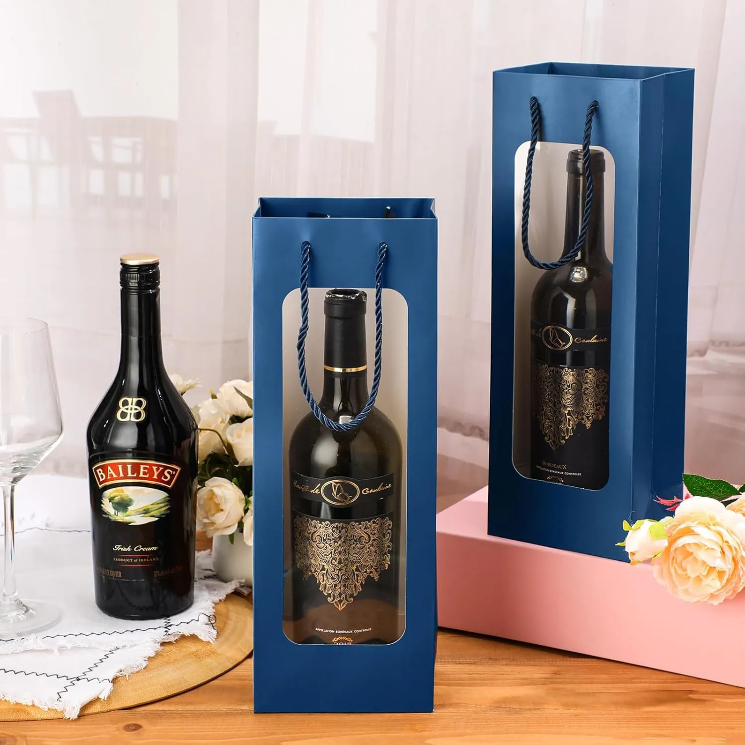 Tioncy 24 Pcs Single Wine Bottle Gift Bag, Clear Window Wine Bags for Wedding Reusable Flower Boxes Bulk with Handles for Holiday Birthday(Business Blue)