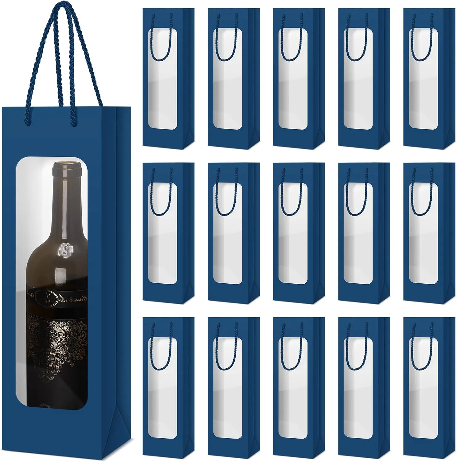 Tioncy 24 Pcs Single Wine Bottle Gift Bag, Clear Window Wine Bags for Wedding Reusable Flower Boxes Bulk with Handles for Holiday Birthday(Business Blue)
