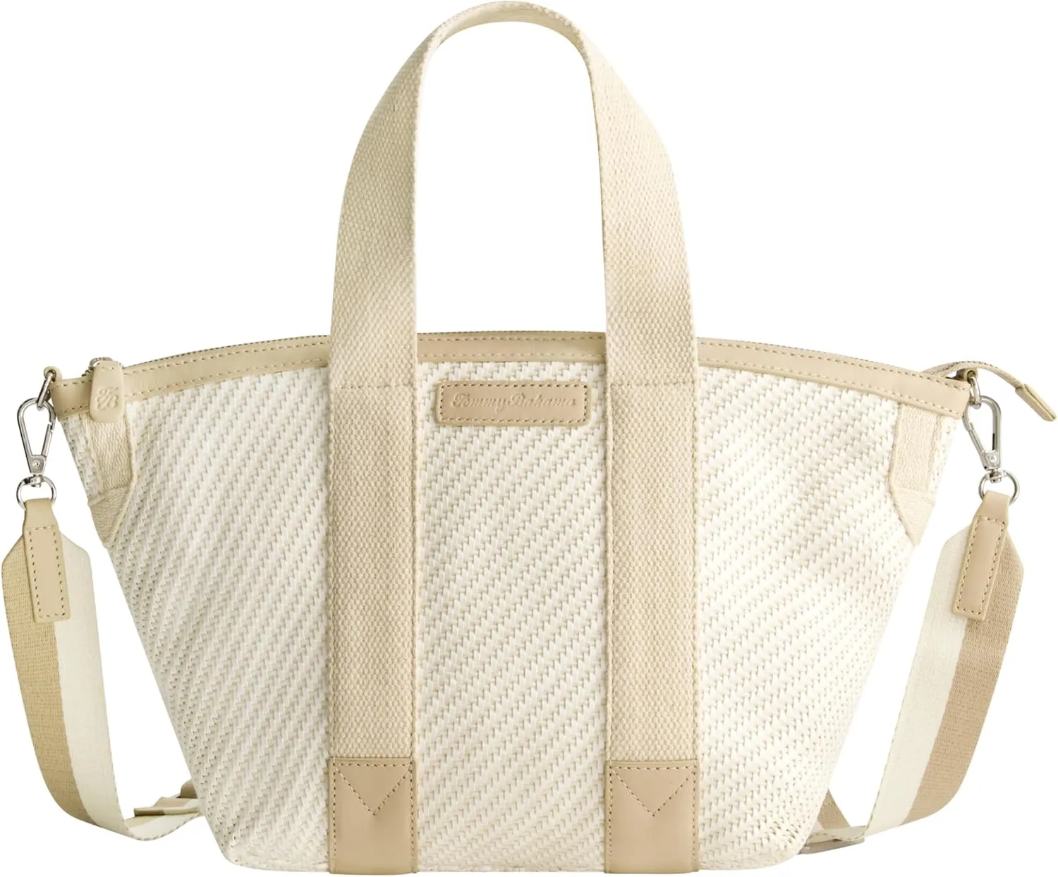 Tommy Bahama Tote, Women's Casual Everyday Bag with Zip Closure and Adjustable Shoulder Strap, Tan/White