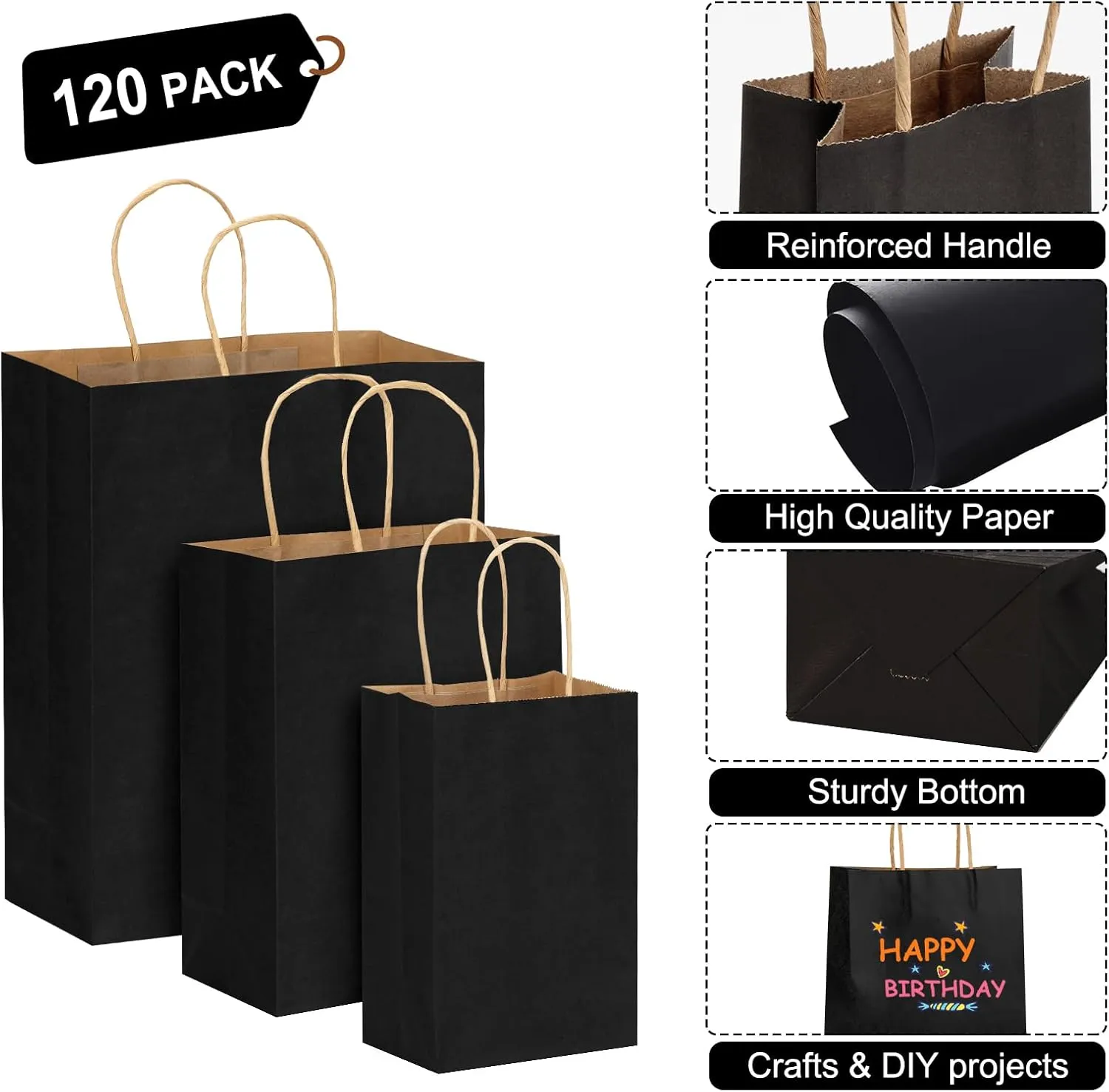 TOMNK 120pcs Black Paper Bags with Handles Mixed Size Bulk Kraft Paper Gift Bags for Business, Shopping, Retail, Merchandise