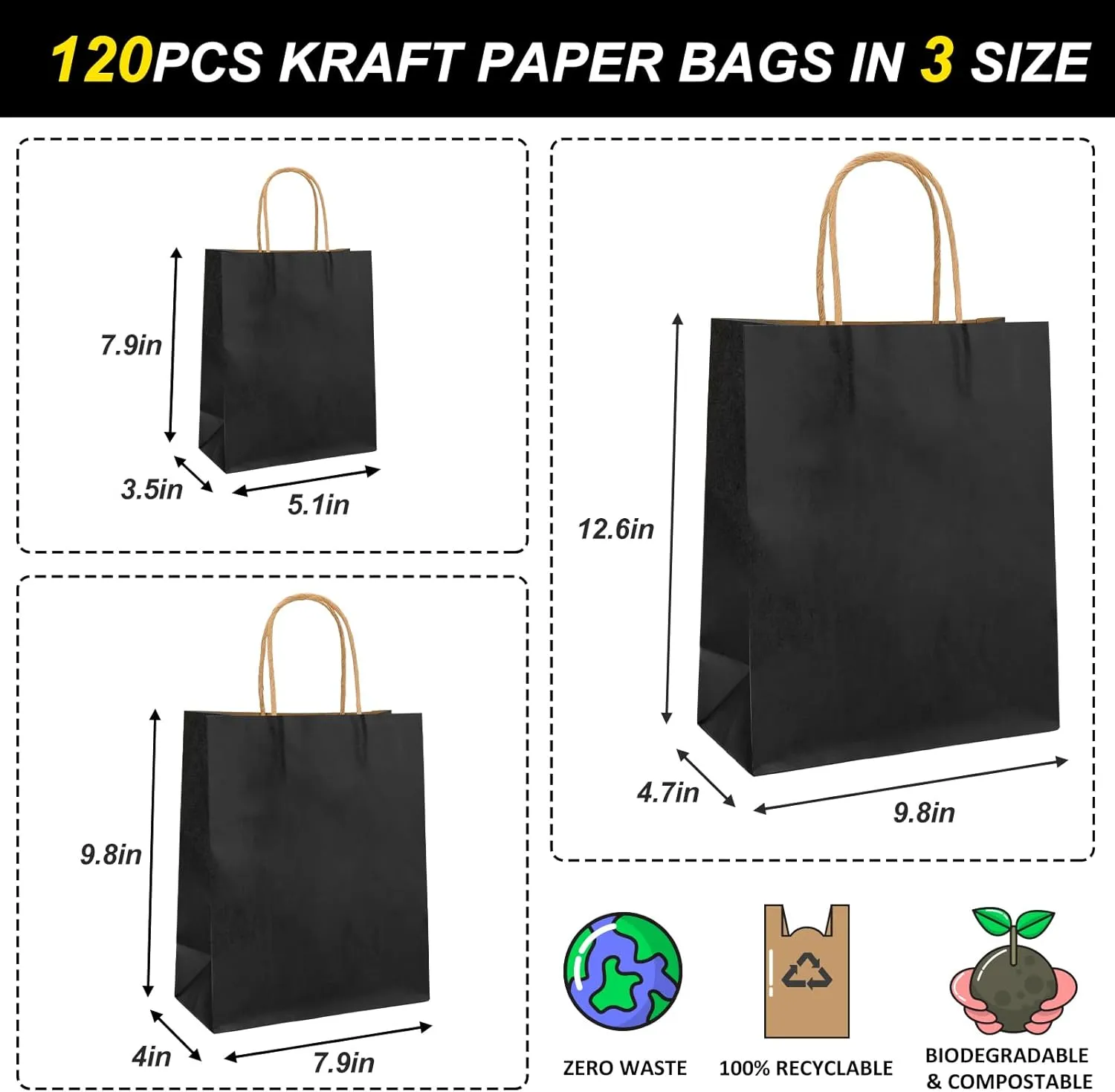 TOMNK 120pcs Black Paper Bags with Handles Mixed Size Bulk Kraft Paper Gift Bags for Business, Shopping, Retail, Merchandise