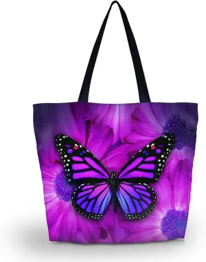 Tote Bag, Large Lightweight Waterproof Beach Shopping Bag with Zipper, Purple Big Butterfly