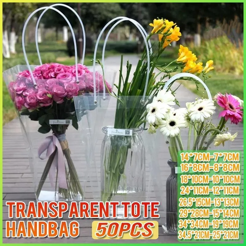 Transparent PP Handbag 50PCS Bouquet Packaging Gift Bag