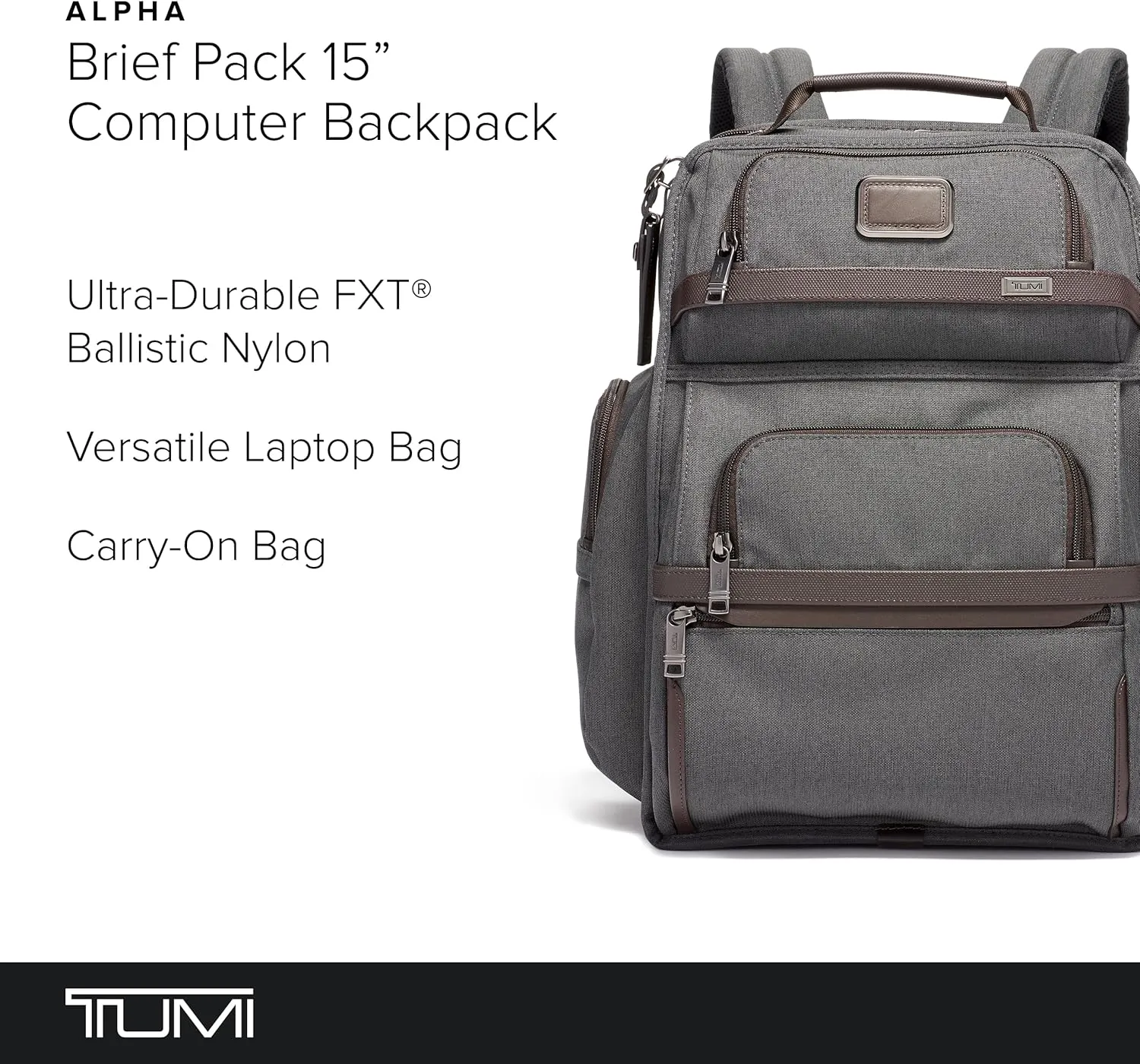 TUMI - Alpha Brief Pack - 15" Laptop Backpack with Padded Adjustable Straps - Laptop Bag - Stores Laptop, Tablet, Toiletries - Anthracite