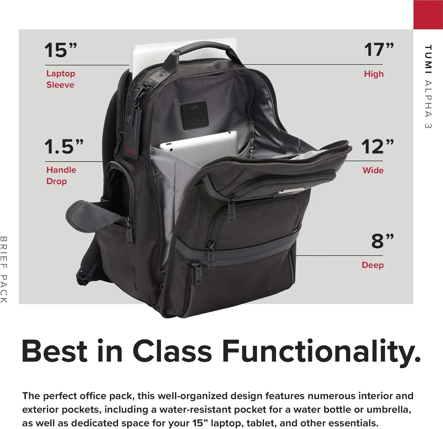 TUMI - Alpha Brief Pack - 15" Laptop Backpack with Padded Adjustable Straps - Laptop Bag - Stores Laptop, Tablet, Toiletries - Black