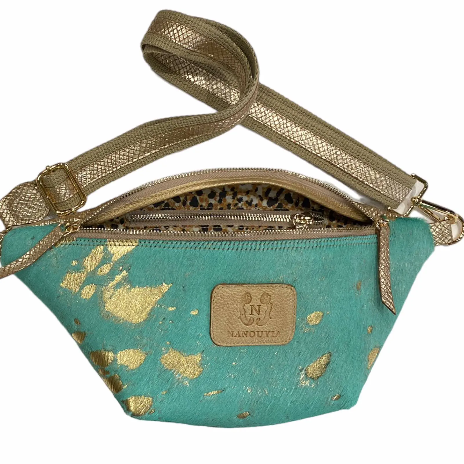 Turquoise and gold vintage calf-hair leather belt bag