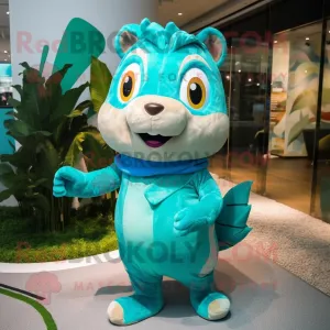 Turquoise Chipmunk mascot costume character dressed with a One-Piece Swimsuit and Clutch bags
