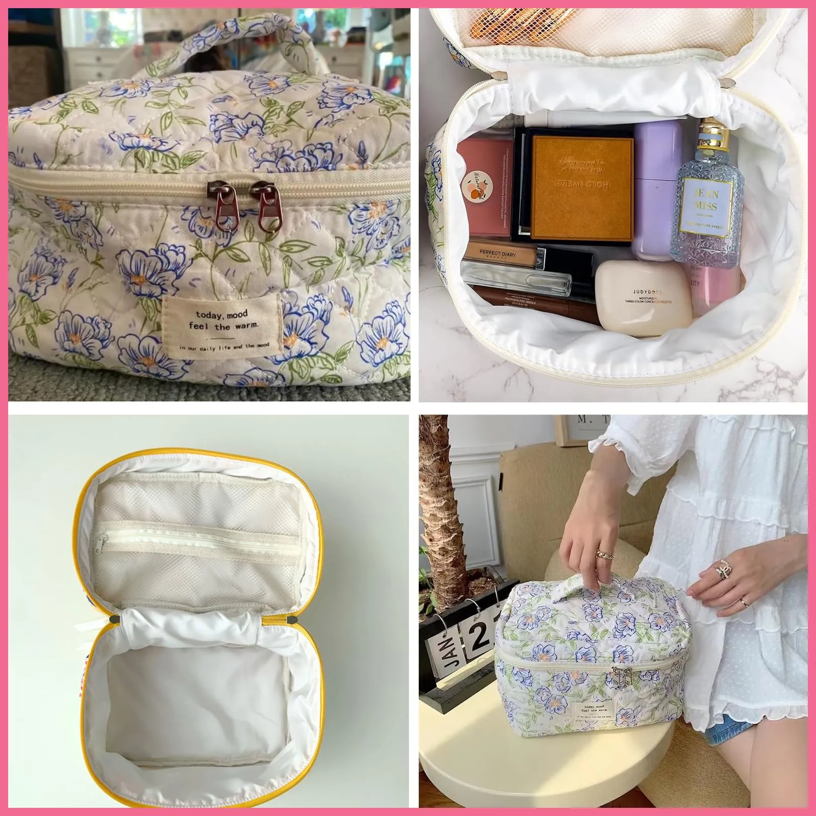 uekeboag Large Travel Quilted Makeup Bag for Women, Floral Cotton Cosmetic Bag, Coquette Aesthetic Floral Toiletry Organizer Bag(11Checker Pink Bow