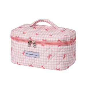 uekeboag Large Travel Quilted Makeup Bag for Women, Floral Cotton Cosmetic Bag, Coquette Aesthetic Floral Toiletry Organizer Bag(11Checker Pink Bow