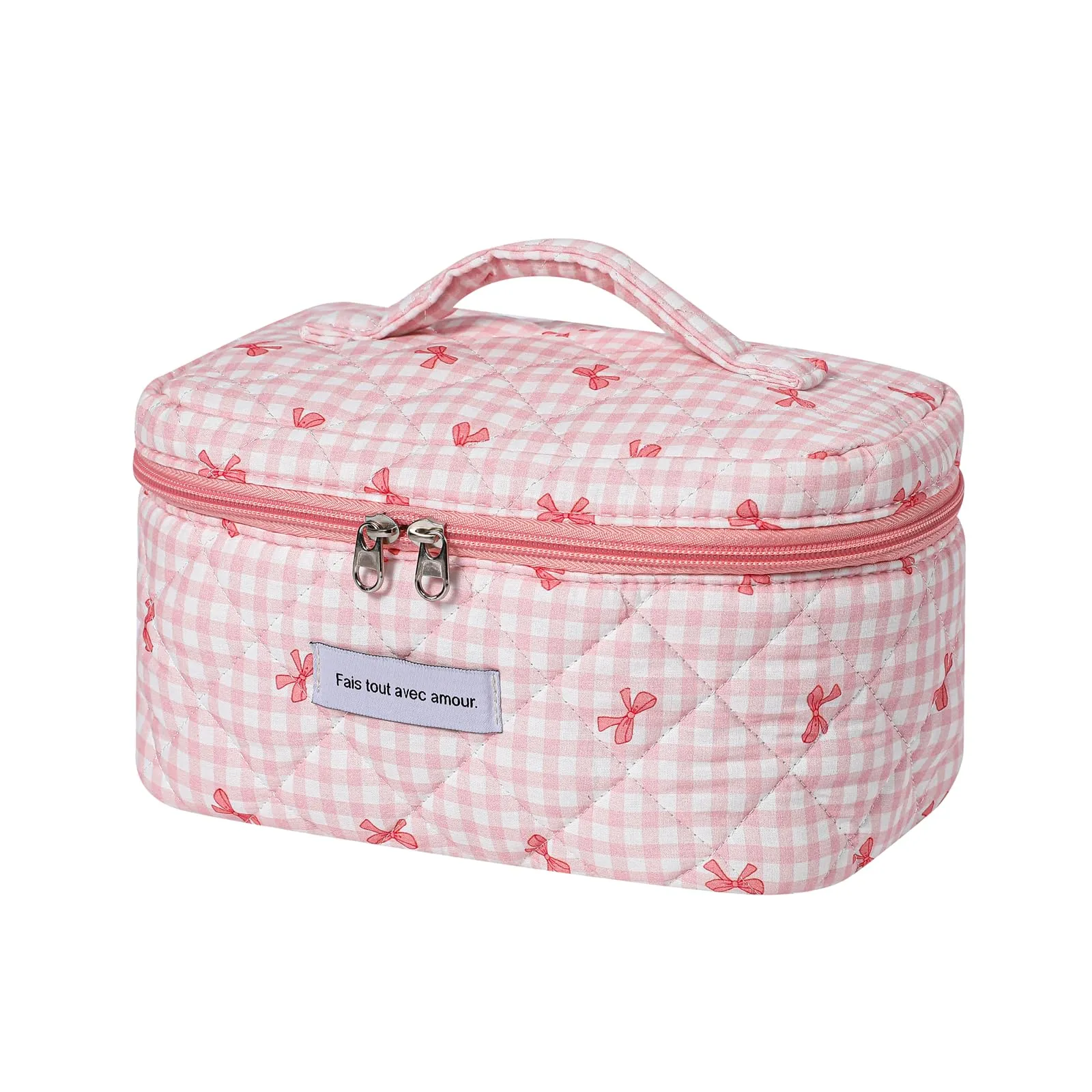 uekeboag Large Travel Quilted Makeup Bag for Women, Floral Cotton Cosmetic Bag, Coquette Aesthetic Floral Toiletry Organizer Bag(11Checker Pink Bow