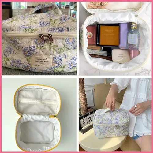 uekeboag Large Travel Quilted Makeup Bag for Women, Floral Cotton Cosmetic Bag, Coquette Aesthetic Floral Toiletry Organizer Bag(Little Blue Flower