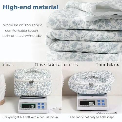 uekeboag Large Travel Quilted Makeup Bag for Women, Floral Cotton Cosmetic Bag, Coquette Aesthetic Floral Toiletry Organizer Bag(Little Blue Flower