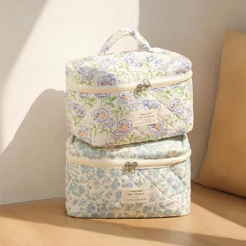 uekeboag Large Travel Quilted Makeup Bag for Women, Floral Cotton Cosmetic Bag, Coquette Aesthetic Floral Toiletry Organizer Bag(Little Blue Flower