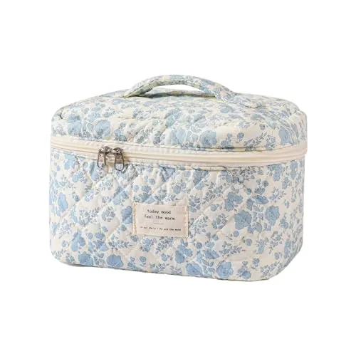 uekeboag Large Travel Quilted Makeup Bag for Women, Floral Cotton Cosmetic Bag, Coquette Aesthetic Floral Toiletry Organizer Bag(Little Blue Flower