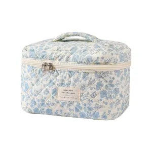 uekeboag Large Travel Quilted Makeup Bag for Women, Floral Cotton Cosmetic Bag, Coquette Aesthetic Floral Toiletry Organizer Bag(Little Blue Flower