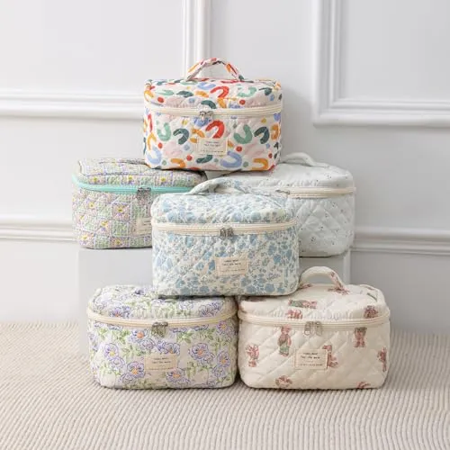 uekeboag Large Travel Quilted Makeup Bag for Women, Floral Cotton Cosmetic Bag, Coquette Aesthetic Floral Toiletry Organizer Bag(Little Blue Flower