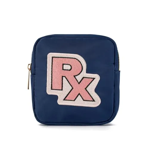 uekeboag Personalized Small Nylon Rx Cosmetic Bag, Cute Chenille Letter Patch Medicine Drug Pouch with Zipper,Preppy Makeup Travel Vitamin Bag for Women and Girls (Navy-Pink)