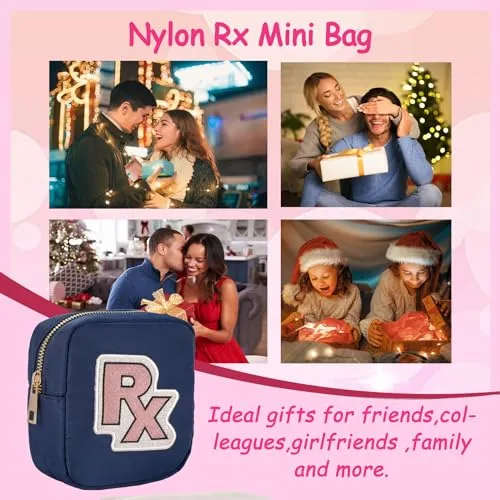 uekeboag Personalized Small Nylon Rx Cosmetic Bag, Cute Chenille Letter Patch Medicine Drug Pouch with Zipper,Preppy Makeup Travel Vitamin Bag for Women and Girls (Navy-Pink)