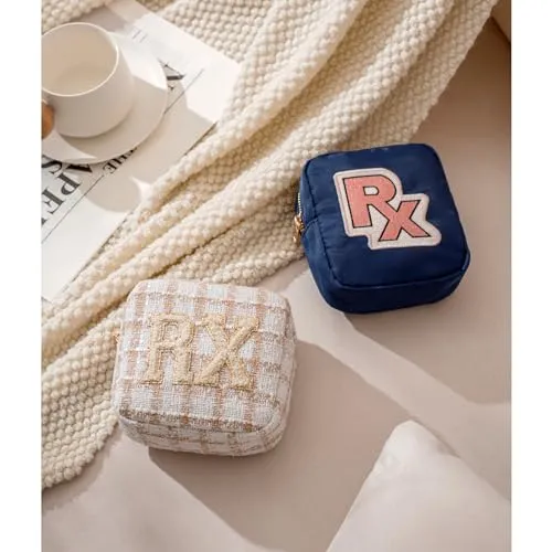 uekeboag Personalized Small Nylon Rx Cosmetic Bag, Cute Chenille Letter Patch Medicine Drug Pouch with Zipper,Preppy Makeup Travel Vitamin Bag for Women and Girls (Navy-Pink)