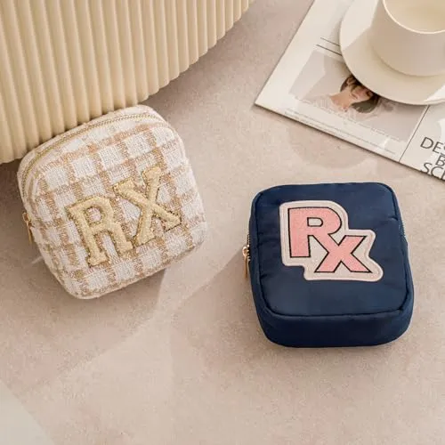 uekeboag Personalized Small Nylon Rx Cosmetic Bag, Cute Chenille Letter Patch Medicine Drug Pouch with Zipper,Preppy Makeup Travel Vitamin Bag for Women and Girls (Navy-Pink)