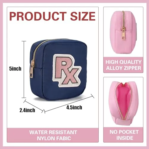 uekeboag Personalized Small Nylon Rx Cosmetic Bag, Cute Chenille Letter Patch Medicine Drug Pouch with Zipper,Preppy Makeup Travel Vitamin Bag for Women and Girls (Navy-Pink)