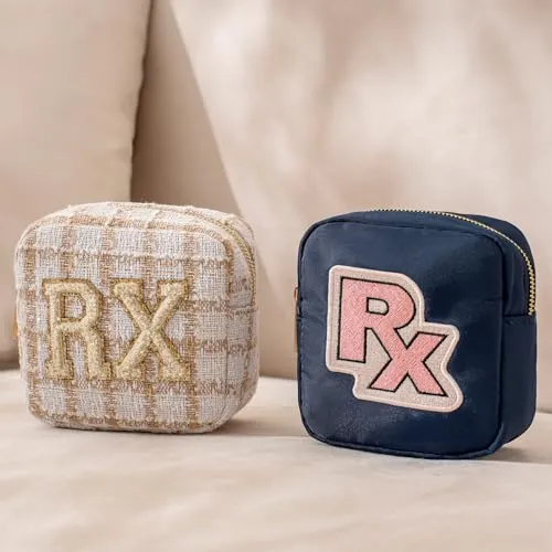 uekeboag Personalized Small Nylon Rx Cosmetic Bag, Cute Chenille Letter Patch Medicine Drug Pouch with Zipper,Preppy Makeup Travel Vitamin Bag for Women and Girls (Navy-Pink)