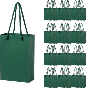 Umoofine Small Dark Green Gift Bag 50 Pack, 5x2x7.5 Inches Deep Kraft Gift Bags with Ribbon Handles, Reusable Heavy Duty Kraft Deep Green Paper Bags Bulk for Shopping, Wedding, Party, Gift