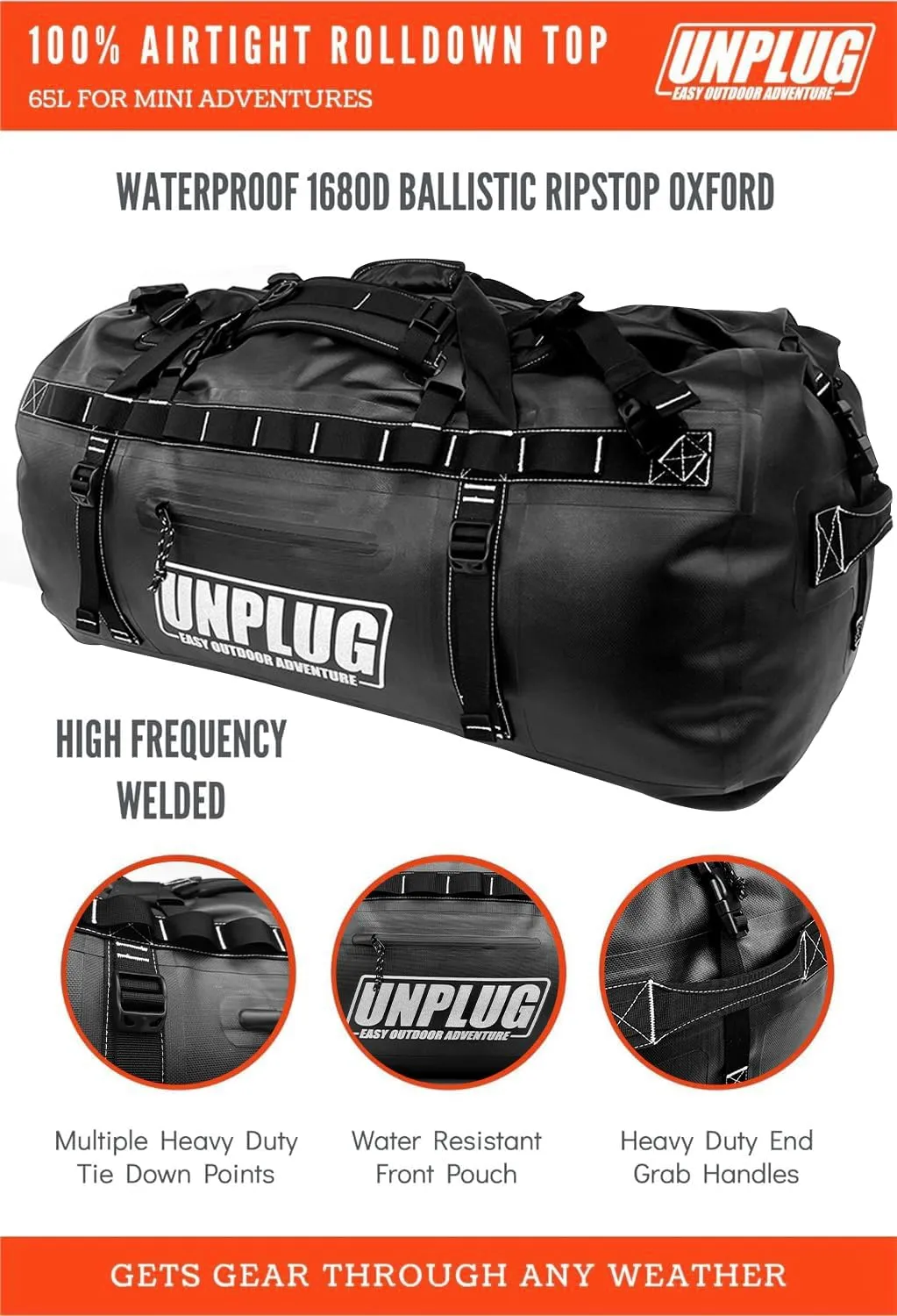 UNPLUG Ultimate Adventure Bag | 1680D Heavy Duty Waterproof Bag | Large Travel Duffle Bag which can be Used for Camping, Motorcycling, Boating, or Hunting