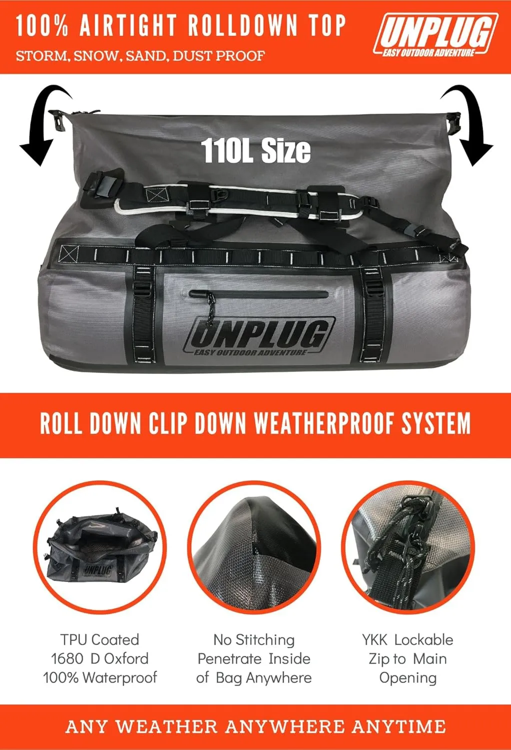 UNPLUG Ultimate Adventure Bag | 1680D Heavy Duty Waterproof Bag | Large Travel Duffle Bag which can be Used for Camping, Motorcycling, Boating, or Hunting