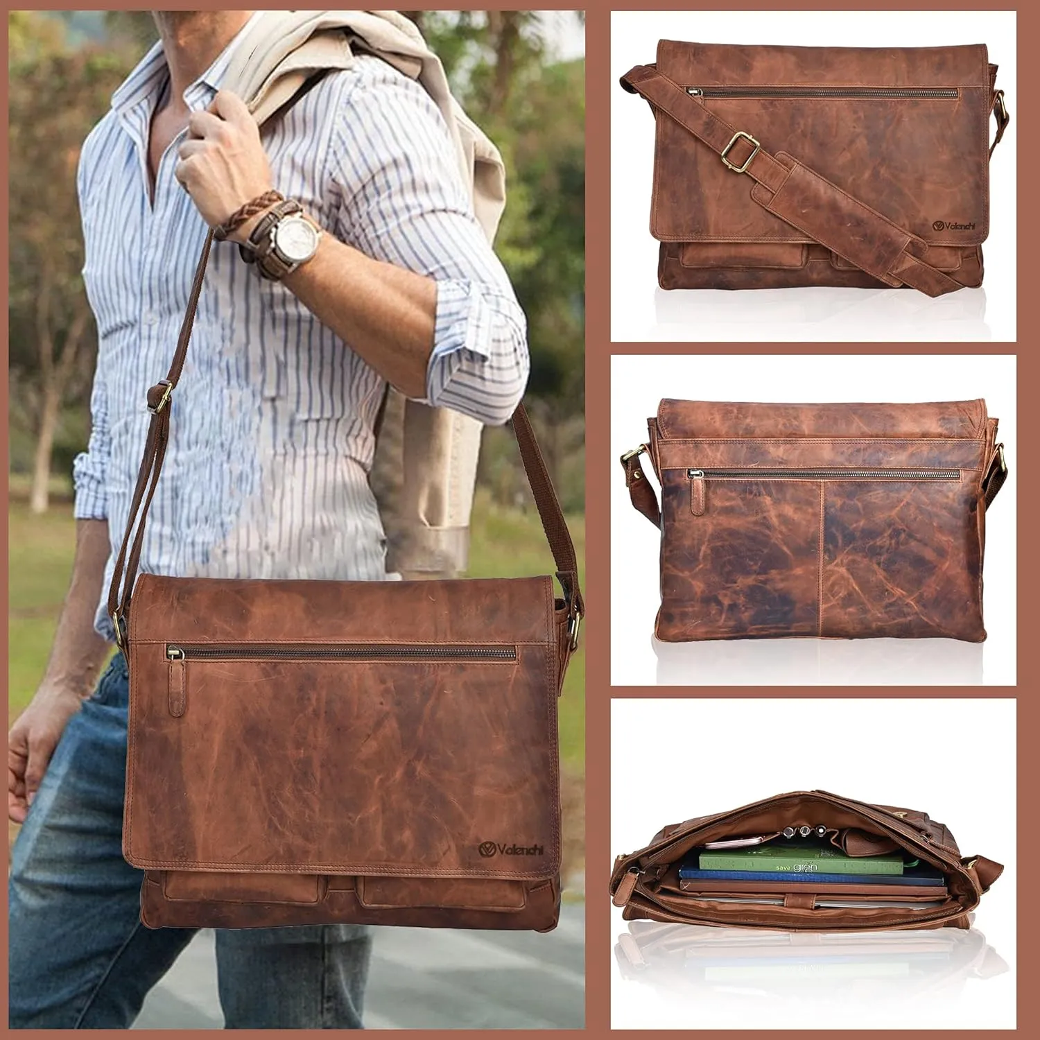 VALENCHI Leather Messenger Bag For Men - Laptop Messenger Briefcase & Shoulder Bag-Office, Work, Travel