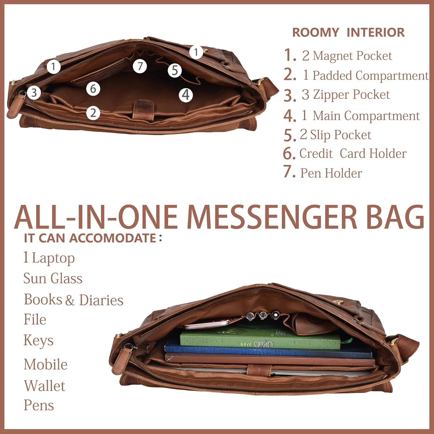 VALENCHI Leather Messenger Bag For Men - Laptop Messenger Briefcase & Shoulder Bag-Office, Work, Travel