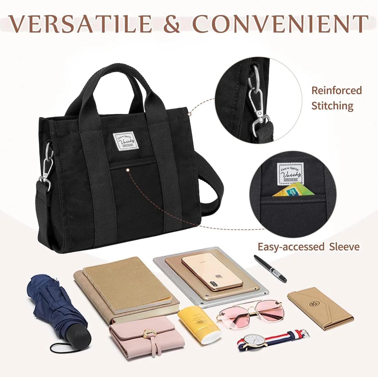 VASCHY Canvas Tote bag, Casual Reusable Work Totes for Women Teachers with Zippers Pockets Crossbody Shoulder Bag Purse