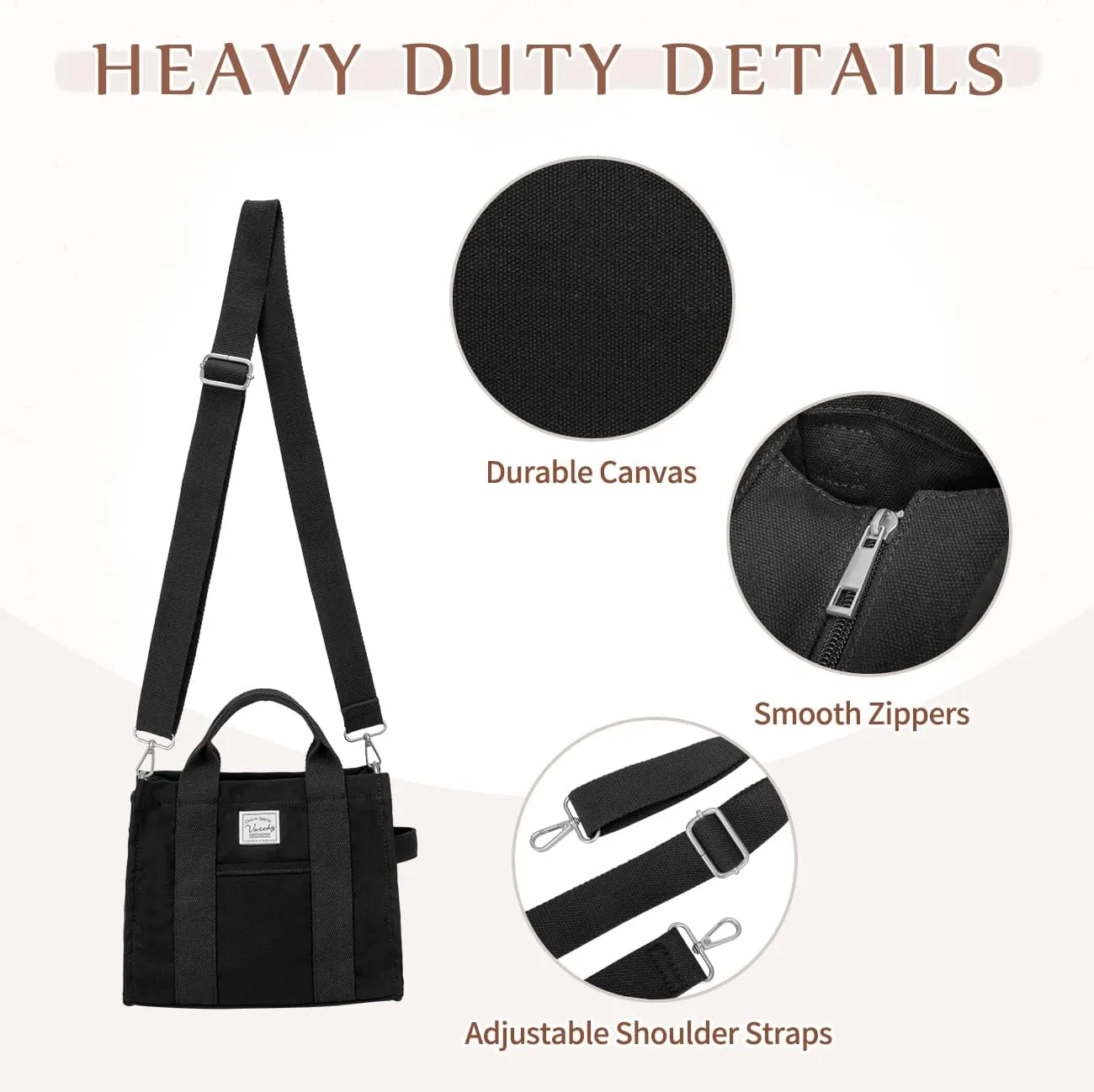 VASCHY Canvas Tote bag, Casual Reusable Work Totes for Women Teachers with Zippers Pockets Crossbody Shoulder Bag Purse