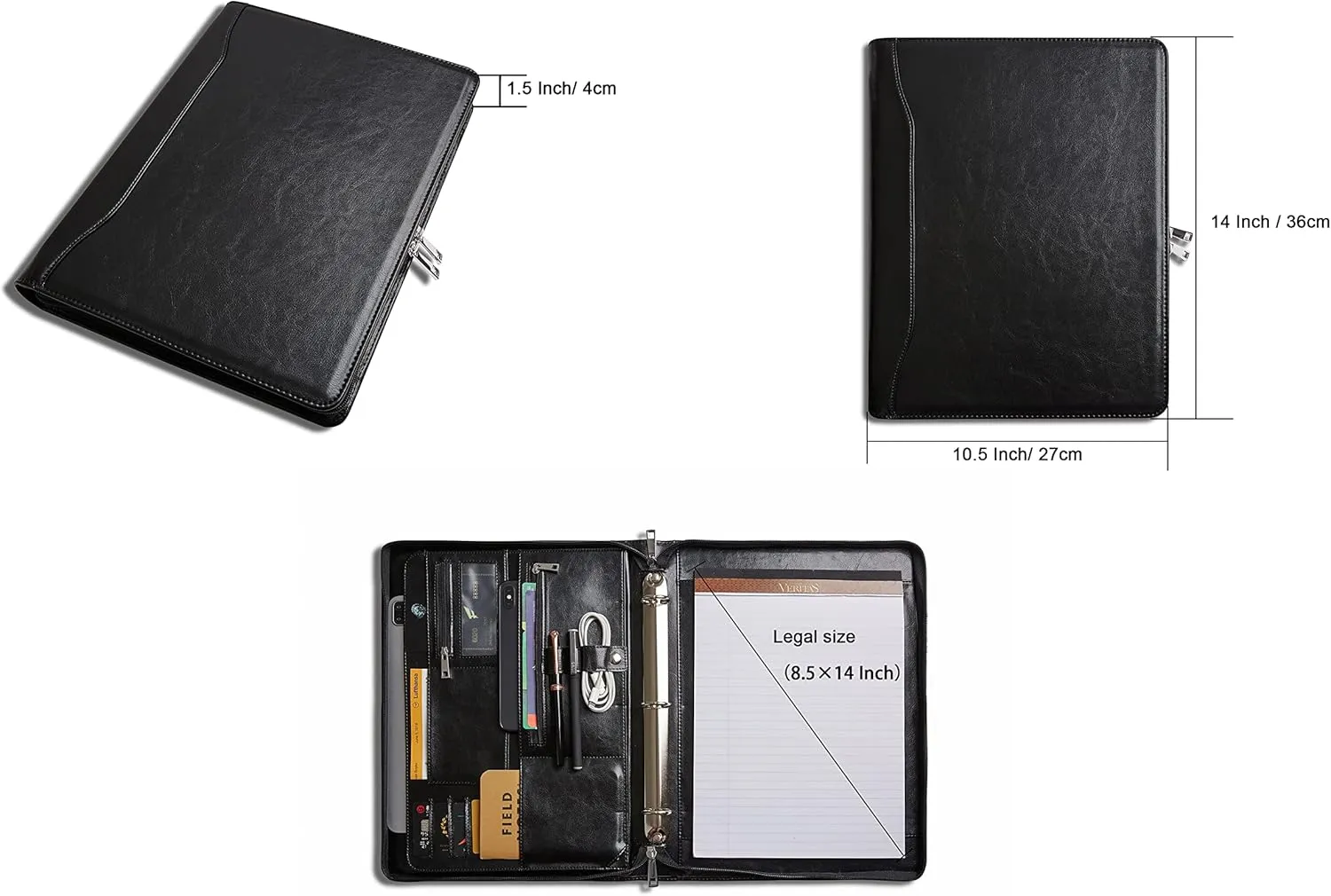 Vegan Leather Padfolio Binder, Personalized Travel Portfolio Organizer, Business Notebook, Custom Portfolio (Standard, Black)
