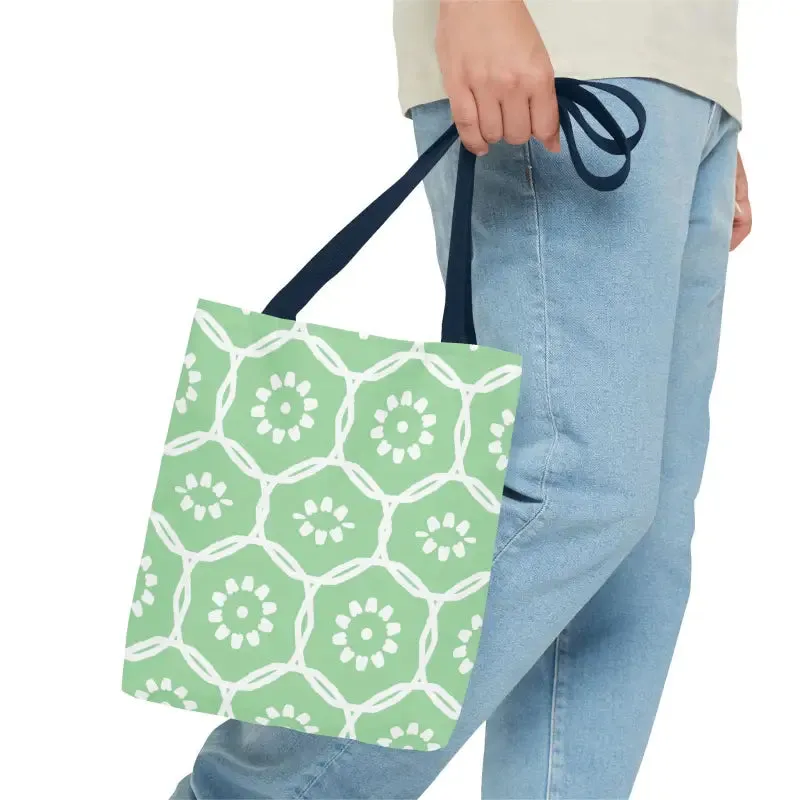 Vibrant Green Tote Bag with Floral Pattern