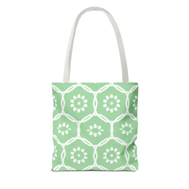 Vibrant Green Tote Bag with Floral Pattern