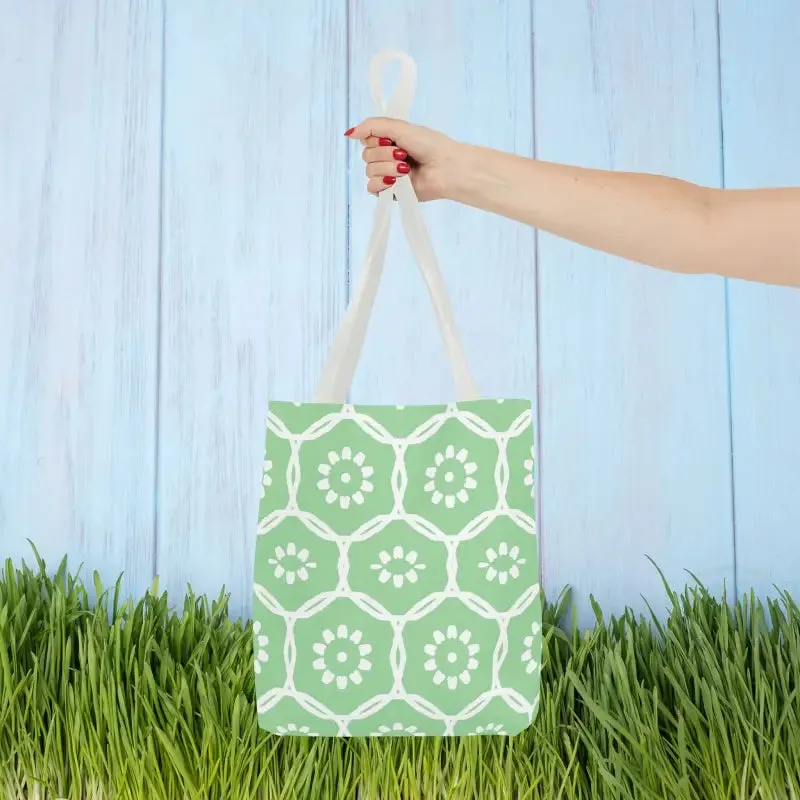 Vibrant Green Tote Bag with Floral Pattern