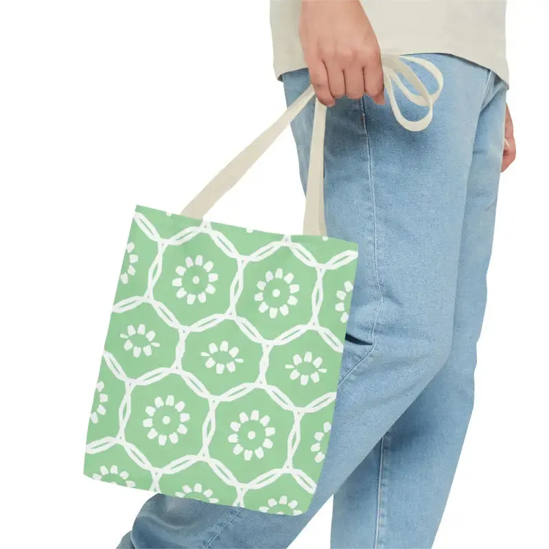 Vibrant Green Tote Bag with Floral Pattern