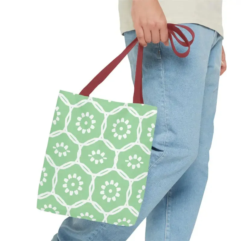Vibrant Green Tote Bag with Floral Pattern