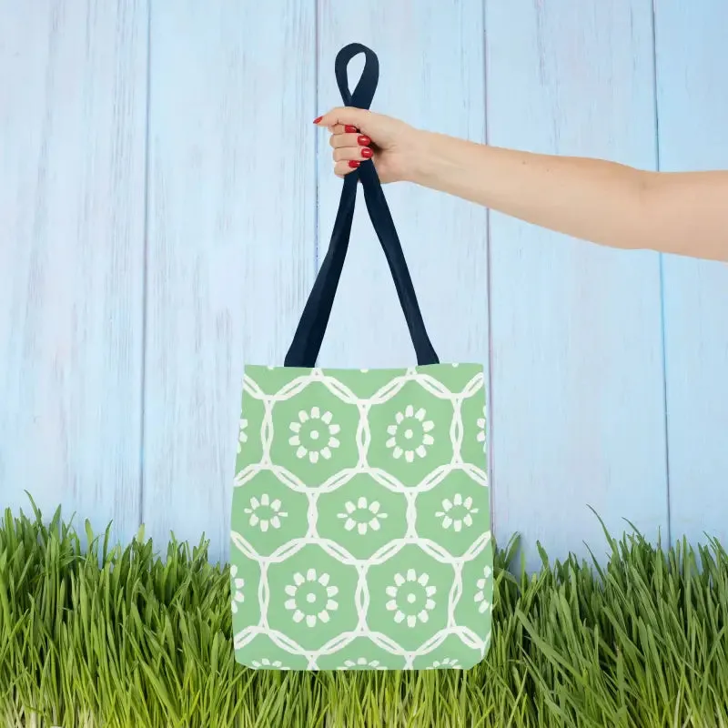 Vibrant Green Tote Bag with Floral Pattern