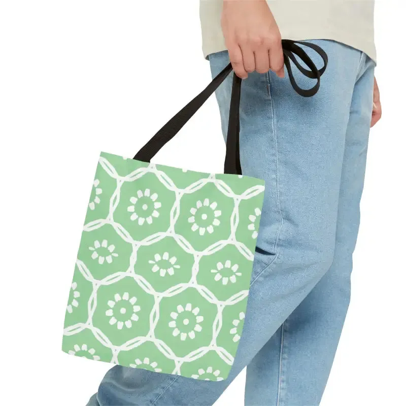 Vibrant Green Tote Bag with Floral Pattern