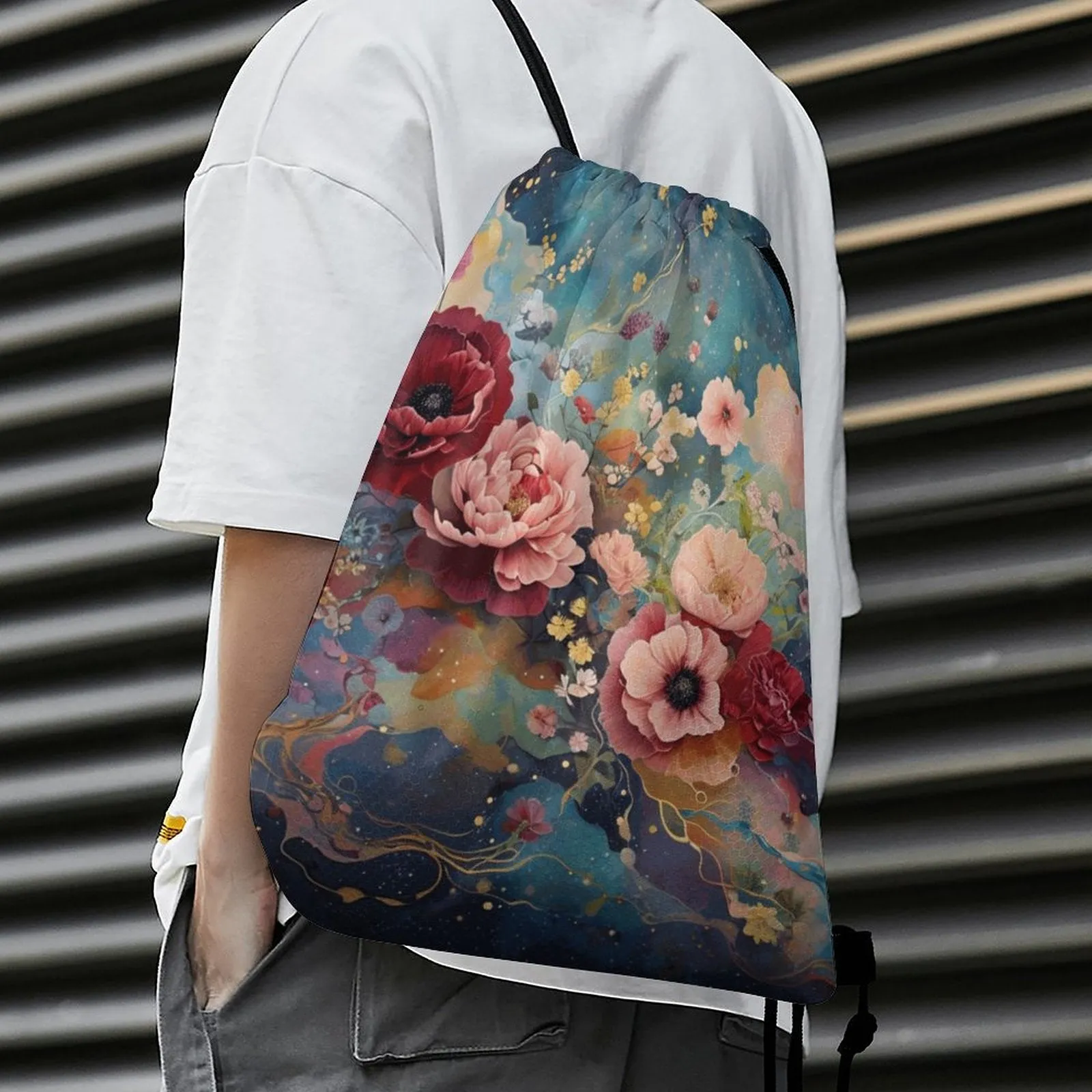 Victorian Roses Custom Drawstring Bag with Waffle Cloth Design