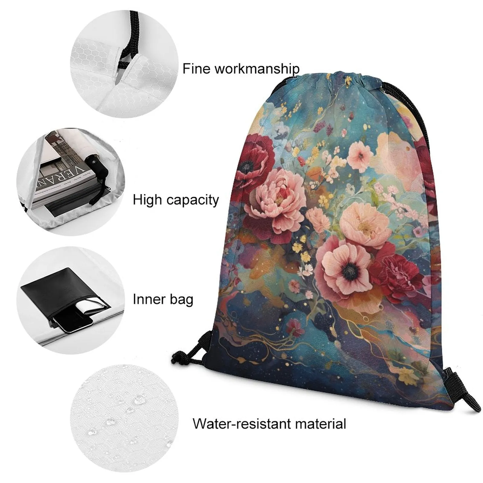 Victorian Roses Custom Drawstring Bag with Waffle Cloth Design