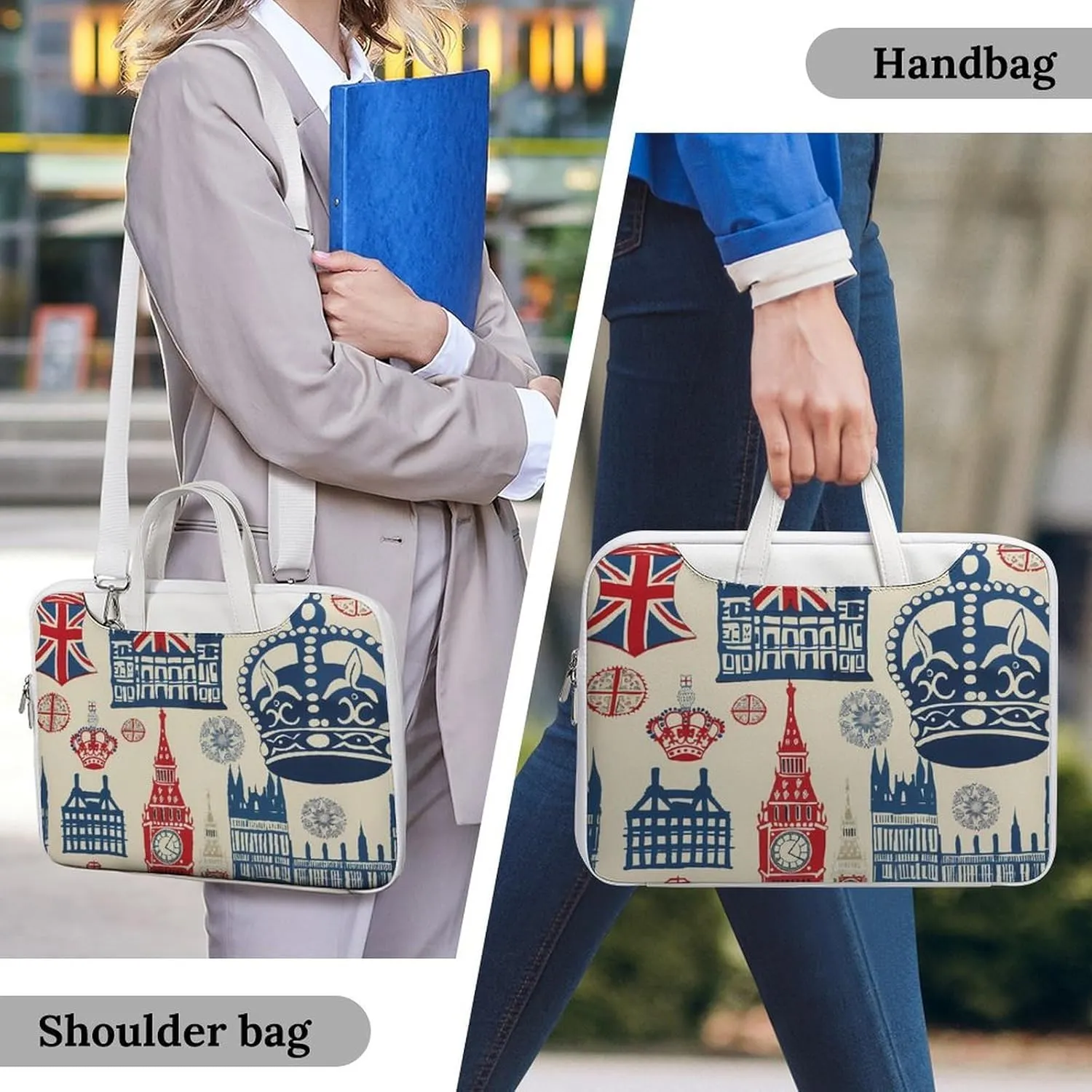 Vintage England London Big Ben Red Blue Crowness Laptop Tote Bag Waterproof Computer Carrying Case Business Office Briefcase
