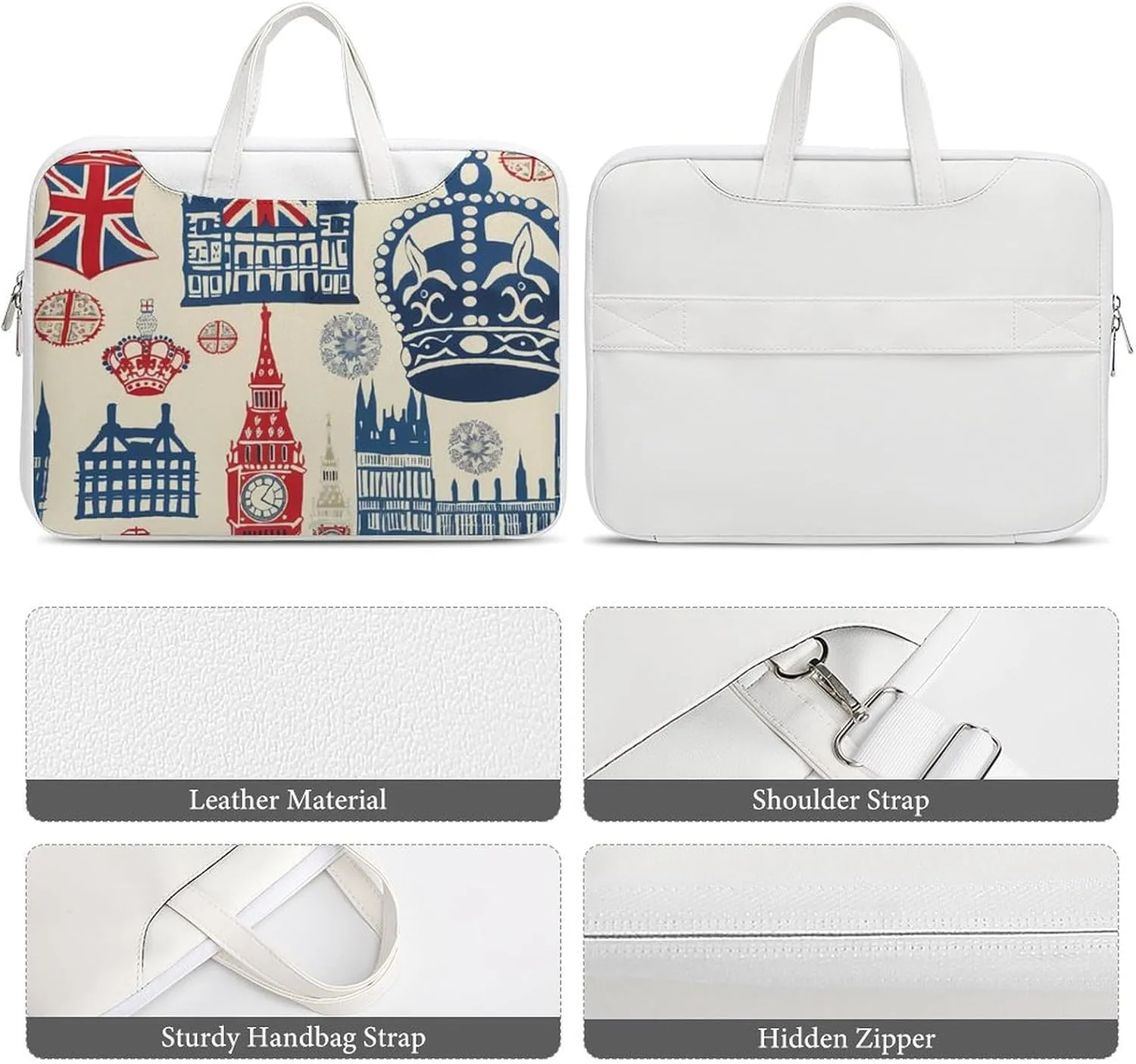 Vintage England London Big Ben Red Blue Crowness Laptop Tote Bag Waterproof Computer Carrying Case Business Office Briefcase