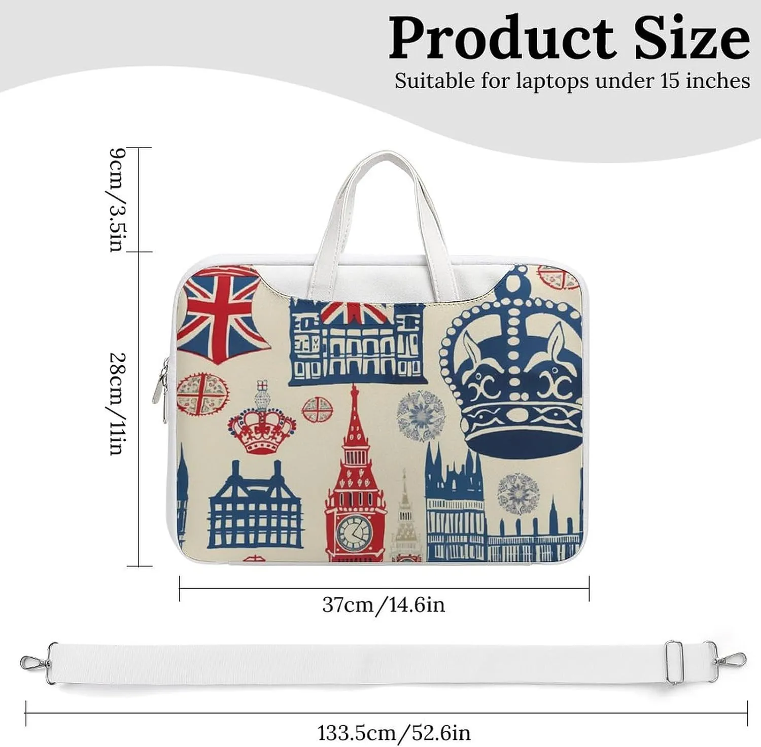 Vintage England London Big Ben Red Blue Crowness Laptop Tote Bag Waterproof Computer Carrying Case Business Office Briefcase