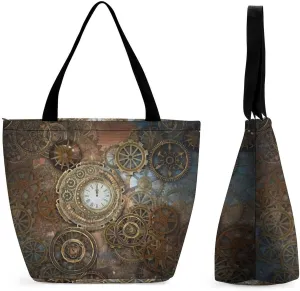 Vintage Steam Punk Clock Art Large Fashion Totes Bag Women's Casual Purses Work Handbags Shopping Bag